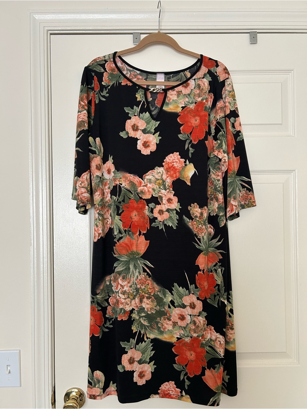 Black Floral Midi Dress with Coral Blooms